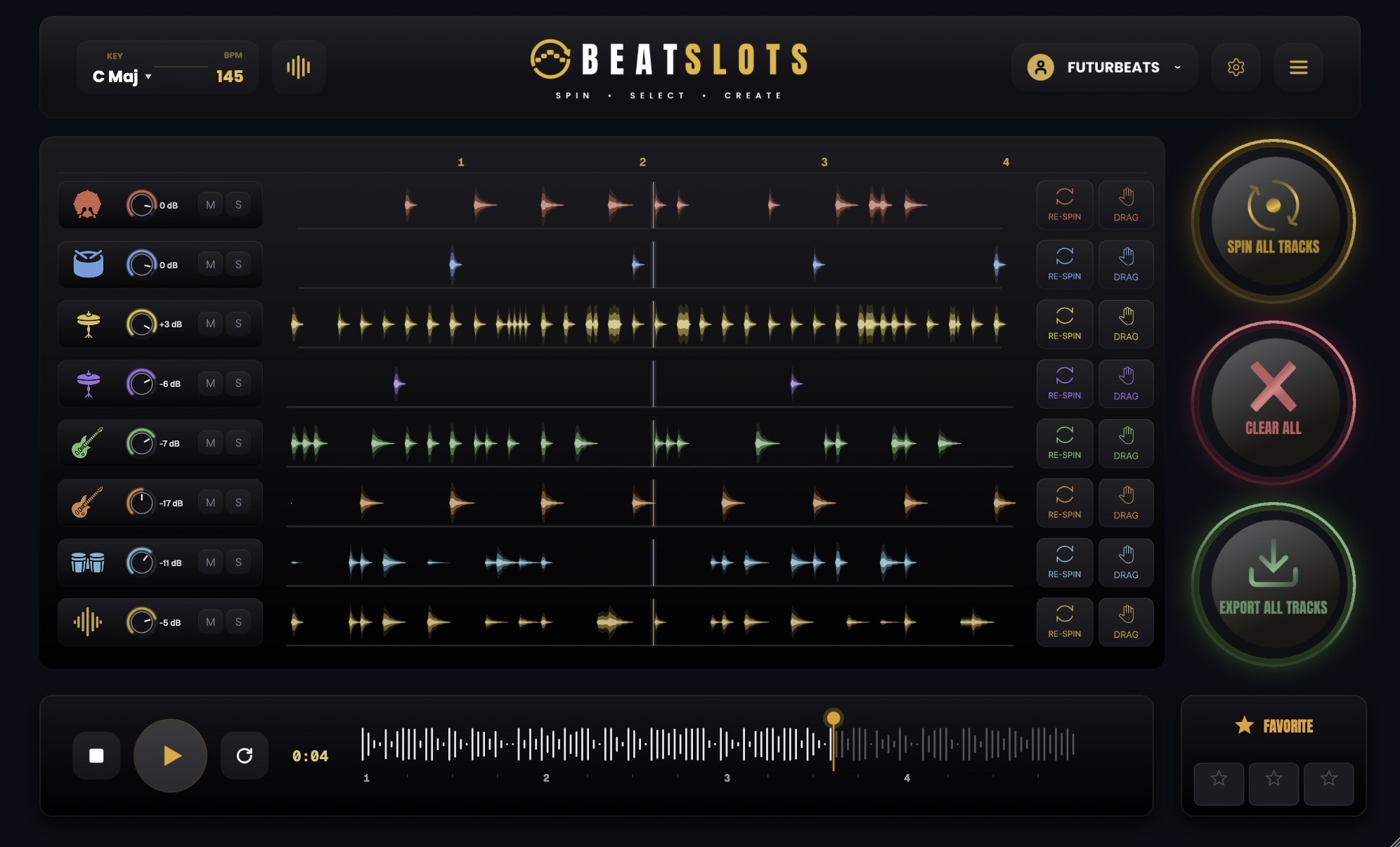 Beatslots — eight lanes of waveforms, SPIN ALL TRACKS, CLEAR ALL, EXPORT ALL TRACKS