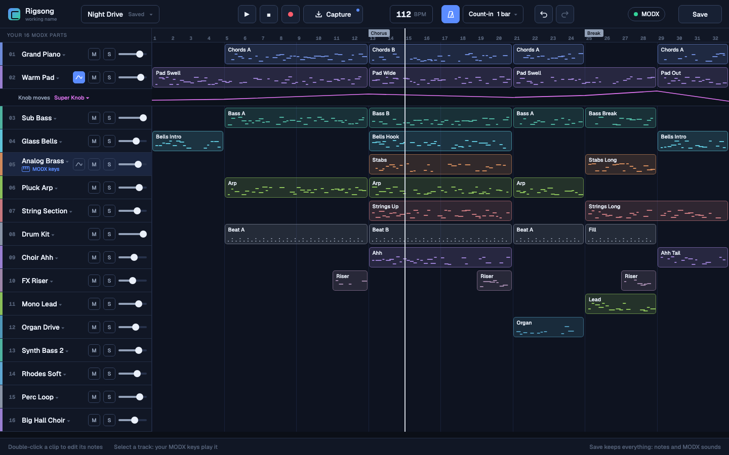 MODXNO arrangement view: sixteen MODX parts on a timeline