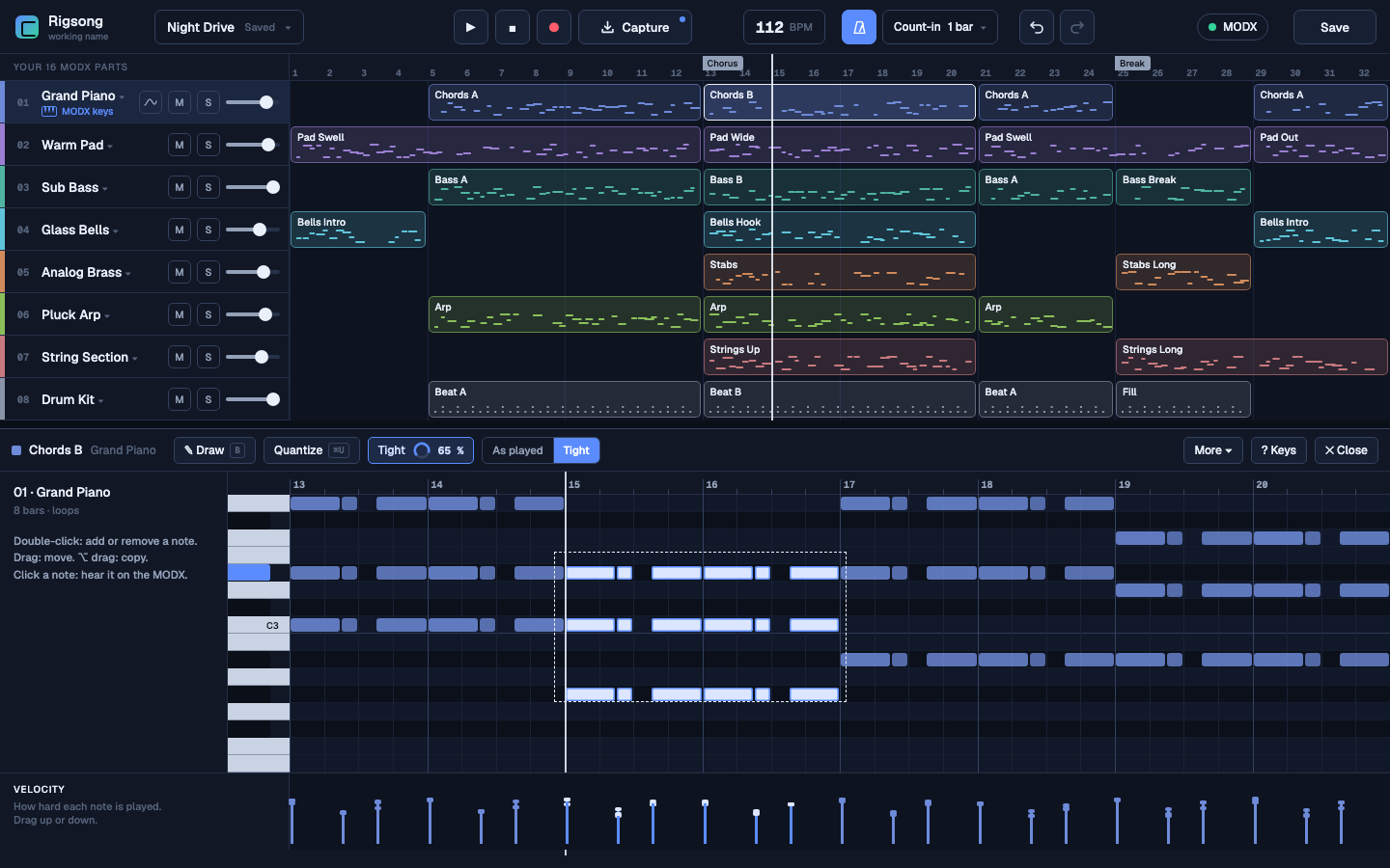 MODXNO note editor, with the velocity lane