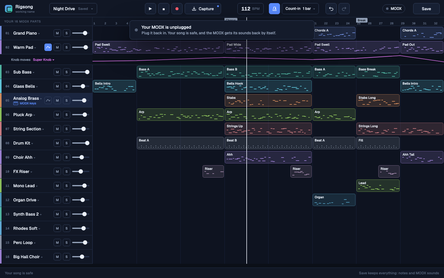 MODXNO telling the player the MODX is unplugged and the song is safe